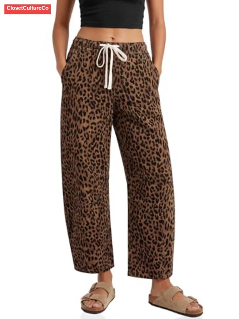Leopard Barrel Jeans High Waisted Drawstring Wide Leg Denim Pants